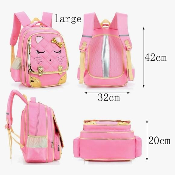 Efree Pink Kitty Cat School Backpack with Lunch Bag Gold Rhinestone Accents - Picture 3 of 4
